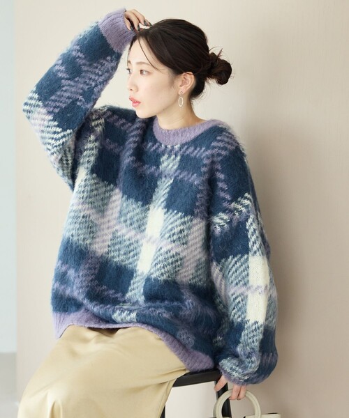 FREAK'S STORE（フリークスストア）の「限定展開　ビッグシルエット チェックニット プルオーバー（ニット/セーター・レディース・グリーン/オレンジ/ブラック/パープル/ネイビー・ﾌﾘ-）」の4枚目の写真