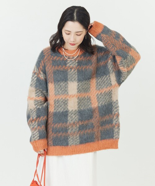 FREAK'S STORE（フリークスストア）の「限定展開　ビッグシルエット チェックニット プルオーバー（ニット/セーター・レディース・グリーン/オレンジ/ブラック/パープル/ネイビー・ﾌﾘ-）」の5枚目の写真