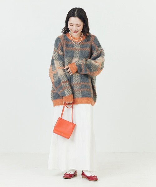 FREAK'S STORE（フリークスストア）の「限定展開　ビッグシルエット チェックニット プルオーバー（ニット/セーター・レディース・グリーン/オレンジ/ブラック/パープル/ネイビー・ﾌﾘ-）」の7枚目の写真
