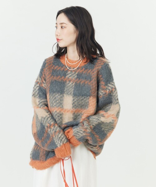 FREAK'S STORE（フリークスストア）の「限定展開　ビッグシルエット チェックニット プルオーバー（ニット/セーター・レディース・グリーン/オレンジ/ブラック/パープル/ネイビー・ﾌﾘ-）」の8枚目の写真