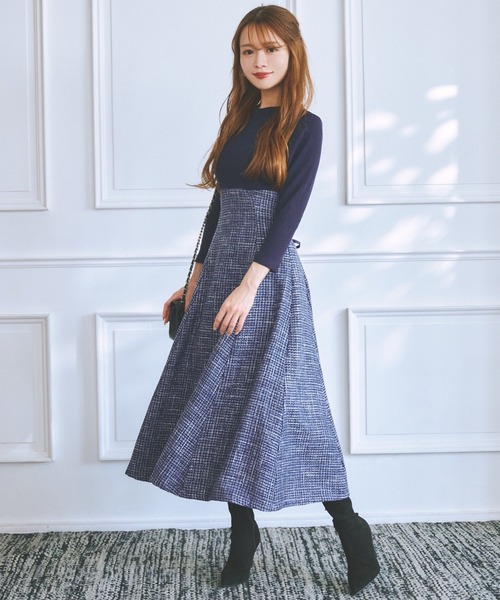 tocco closet（トッコ　クローゼット）の「バックレースアップツイードドッキングワンピース（ワンピース・レディース・ネイビー/ピンクベージュ・M）」の4枚目の写真