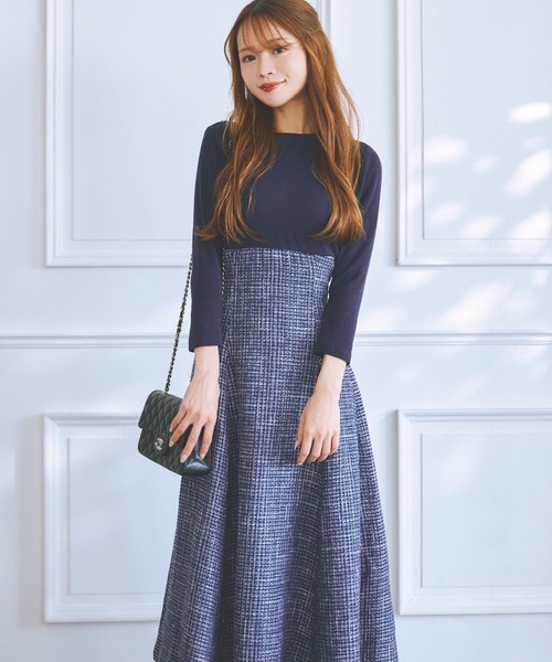 tocco closet（トッコ　クローゼット）の「バックレースアップツイードドッキングワンピース（ワンピース・レディース・ネイビー/ピンクベージュ・M）」の5枚目の写真