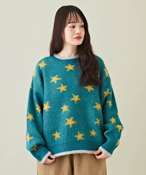 CUBE SUGAR（キューブシュガー）の「モヘアタッチジャガードスター柄プルオーバーニット（ニット/セーター・レディース・ブラック/ナチュラル/ブルー・M）」の3枚目の写真