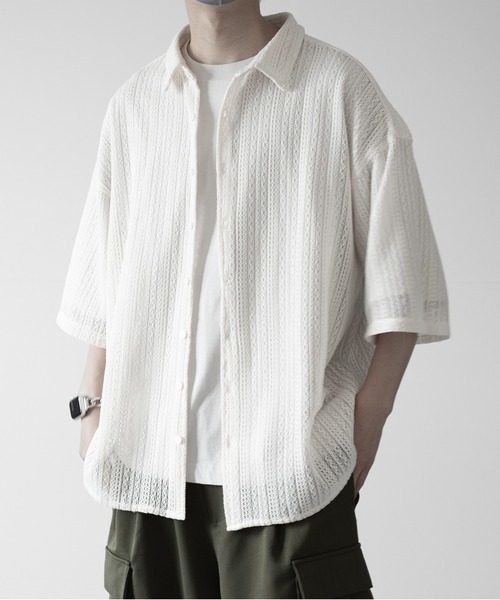 RUUBON(ルーボン)の「【RUUBON】jacquard lace half sleeve shirt / ジャガードレースハーフスリーブシャツ(シャツ/ブラウス・メンズ・ブラック/オフホワイト・L/M/S)」の4枚目の写真