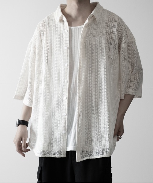 RUUBON(ルーボン)の「【RUUBON】jacquard lace half sleeve shirt / ジャガードレースハーフスリーブシャツ(シャツ/ブラウス・メンズ・ブラック/オフホワイト・L/M/S)」の6枚目の写真