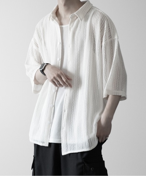 RUUBON(ルーボン)の「【RUUBON】jacquard lace half sleeve shirt / ジャガードレースハーフスリーブシャツ(シャツ/ブラウス・メンズ・ブラック/オフホワイト・L/M/S)」の7枚目の写真