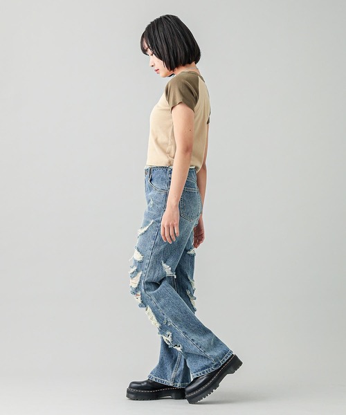 X-girl（エックスガール）の「RHINESTONE CHUBBY LOGO S/S RAGLAN BABY TEE（Tシャツ/カットソー・レディース・ホワイト/チャコール/ベージュ・S/M）」の9枚目の写真