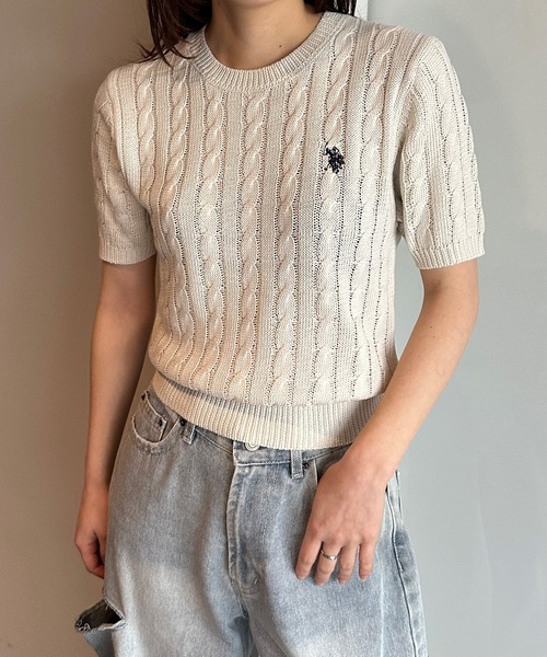 セール】＜U.S.POLO ASSN.＞ ワンポイント半袖ケーブルニット