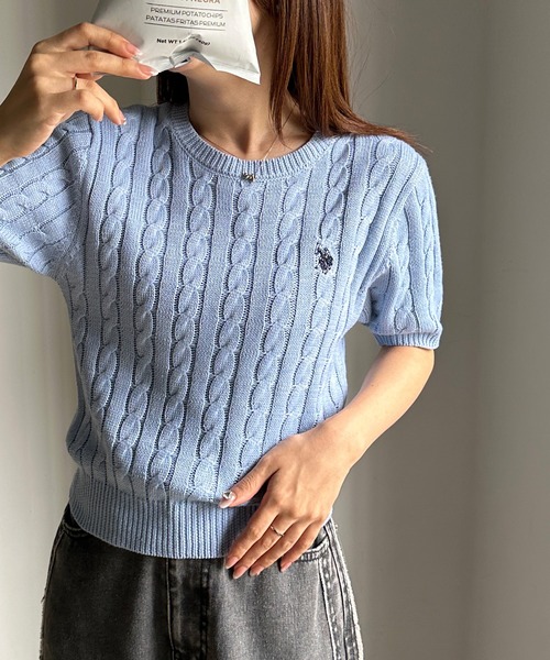セール】＜U.S.POLO ASSN.＞ ワンポイント半袖ケーブルニット