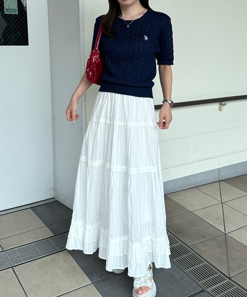 U.S. POLO ASSN.（ユーエスポロアッスン）の「RANAN/solleim別注【U.S.POLO ASSN.】ワンポイント半袖ケーブルニット（ニット/セーター・レディース・ネイビー/ベージュ/ピンク/アイボリー/ブルー/グレー/コーラルピンク・S/M/L）」の12枚目の写真