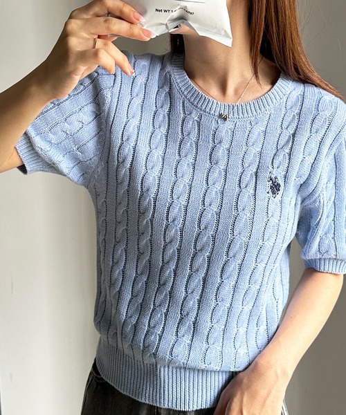 U.S. POLO ASSN.(ユーエスポロアッスン)の「RANAN/solleim別注【U.S.POLO ASSN.】ワンポイント半袖ケーブルニット(ニット/セーター・レディース・ネイビー/ベージュ/ピンク/アイボリー/ブルー/グレー/コーラルピンク・S/M/L)」の18枚目の写真