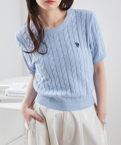 U.S. POLO ASSN.(ユーエスポロアッスン)の「RANAN/solleim別注【U.S.POLO ASSN.】ワンポイント半袖ケーブルニット(ニット/セーター・レディース・ネイビー/ベージュ/ピンク/アイボリー/ブルー/グレー/コーラルピンク・S/M/L)」の22枚目の写真