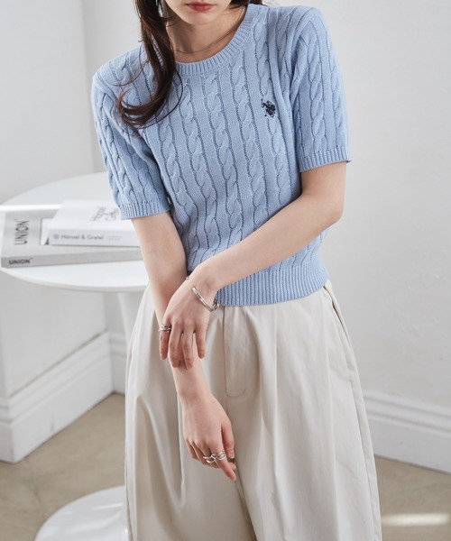 U.S. POLO ASSN.(ユーエスポロアッスン)の「RANAN/solleim別注【U.S.POLO ASSN.】ワンポイント半袖ケーブルニット(ニット/セーター・レディース・ネイビー/ベージュ/ピンク/アイボリー/ブルー/グレー/コーラルピンク・S/M/L)」の21枚目の写真