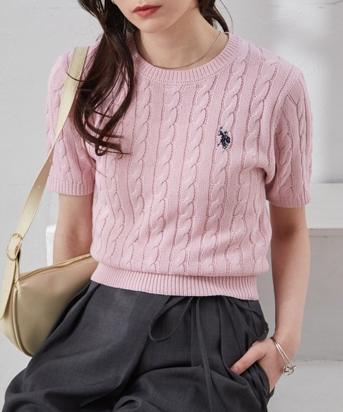 U.S. POLO ASSN.(ユーエスポロアッスン)の「RANAN/solleim別注【U.S.POLO ASSN.】ワンポイント半袖ケーブルニット(ニット/セーター・レディース・ネイビー/ベージュ/ピンク/アイボリー/ブルー/グレー/コーラルピンク・S/M/L)」の22枚目の写真