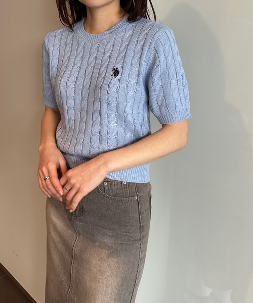 セール】＜U.S.POLO ASSN.＞ ワンポイント半袖ケーブルニット（ニット 