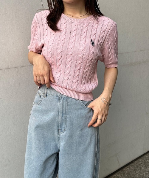 セール】＜U.S.POLO ASSN.＞ ワンポイント半袖ケーブルニット