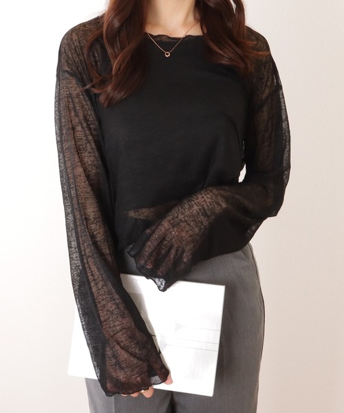 Lace Ladies(レースレディース)の「ボートネック シアー コンパクト 長袖 トップス(その他トップス・レディース・ブラック/ホワイト・M/XL)」の2枚目の写真