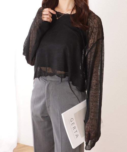 Lace Ladies(レースレディース)の「ボートネック シアー コンパクト 長袖 トップス(その他トップス・レディース・ブラック/ホワイト・M/XL)」の3枚目の写真