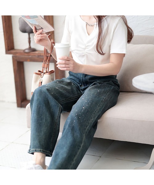 セール】スタッズ付きストレートデニムパンツ（デニムパンツ