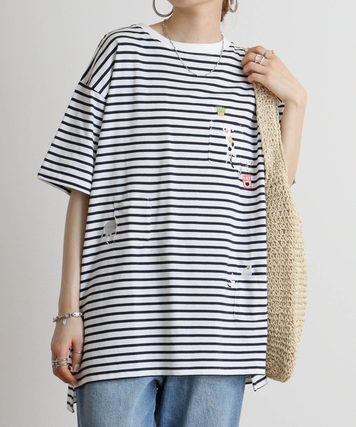 Quelle Chance(ケルシャンス)の「Quelle chance ゆるネコタクサンシシュウプルオーバー(Tシャツ/カットソー・レディース・ネイビー系/チャコールグレー/オフホワイト・L)」の3枚目の写真