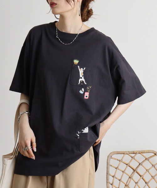 Quelle Chance(ケルシャンス)の「Quelle chance ゆるネコタクサンシシュウプルオーバー(Tシャツ/カットソー・レディース・ネイビー系/チャコールグレー/オフホワイト・L)」の5枚目の写真