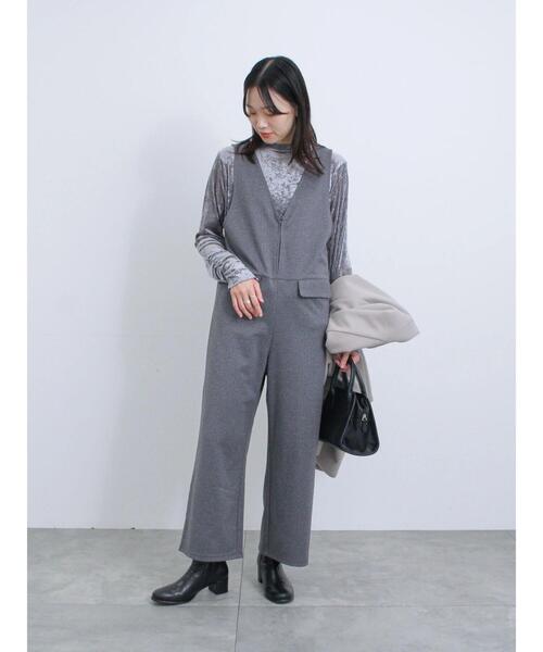 Samansa Mos2 blue(サマンサモスモスブルー)の「カットジャカードオールインワン(サロペット/オーバーオール・レディース・カーキ/ブラック/チャコールグレー・F)」の2枚目の写真