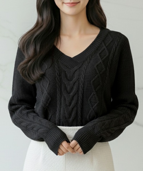 選べるVネック・タートルネック ケーブルニットトップス・セーター