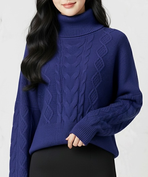 Julia Boutique（ジュリアブティック）の「選べるVネック・タートルネック ケーブルニットトップス・セーター（ニット/セーター・レディース・ブラック系1/ブラック系2/ホワイト系1/ホワイト系2/グレー系1/グレー系2/カーキ系1/カーキ系2/パープル系1/パープル系2/ブルー系1/ブルー系2/ベージュ系1/ベージュ系2/ワイン系1/ワイン系2・ONE）」の12枚目の写真