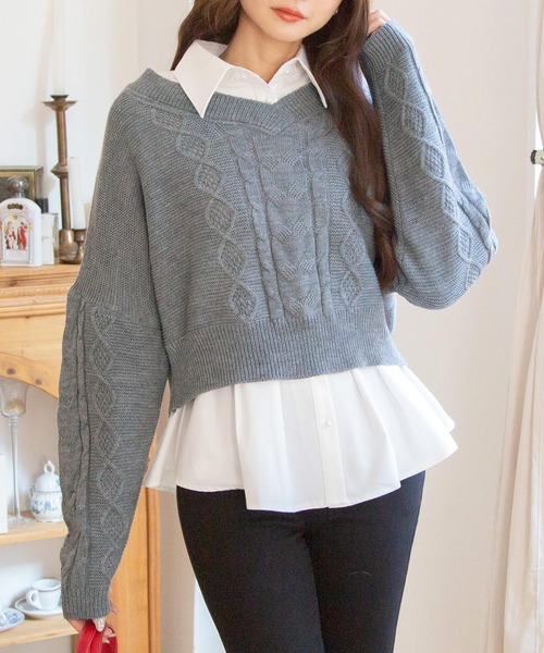 Julia Boutique（ジュリアブティック）の「選べるVネック・タートルネック ケーブルニットトップス・セーター（ニット/セーター・レディース・ブラック系1/ブラック系2/ホワイト系1/ホワイト系2/グレー系1/グレー系2/カーキ系1/カーキ系2/パープル系1/パープル系2/ブルー系1/ブルー系2/ベージュ系1/ベージュ系2/ワイン系1/ワイン系2・ONE）」の21枚目の写真