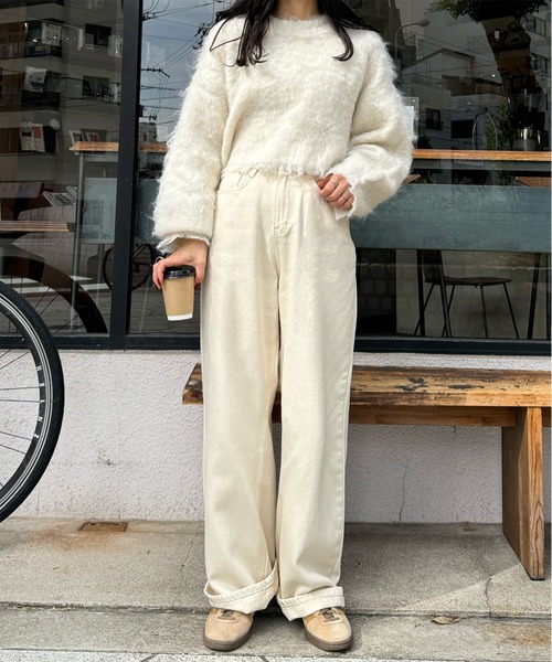 LE MORE(リモア)の「ルーズワイドカラーパンツ(デニムパンツ・レディース・チャコール/アイボリー・FREE)」の3枚目の写真