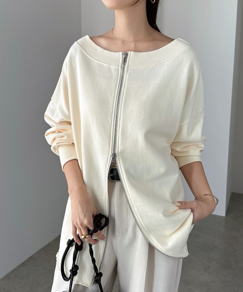 セール】ダブルジップ2wayオフショルダー裏毛スウェットトップス
