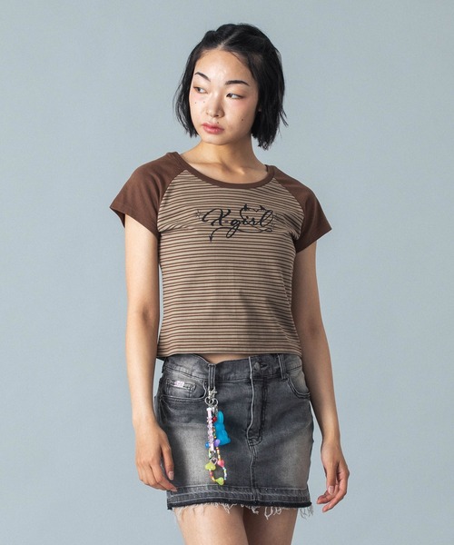 X-girl(エックスガール)の「STRIPED RAGLAN BABY TEE(Tシャツ/カットソー・レディース・ホワイト/ブラウン/ピンク・S/M)」の3枚目の写真