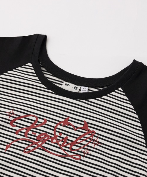 X-girl(エックスガール)の「STRIPED RAGLAN BABY TEE(Tシャツ/カットソー・レディース・ホワイト/ブラウン/ピンク・S/M)」の5枚目の写真