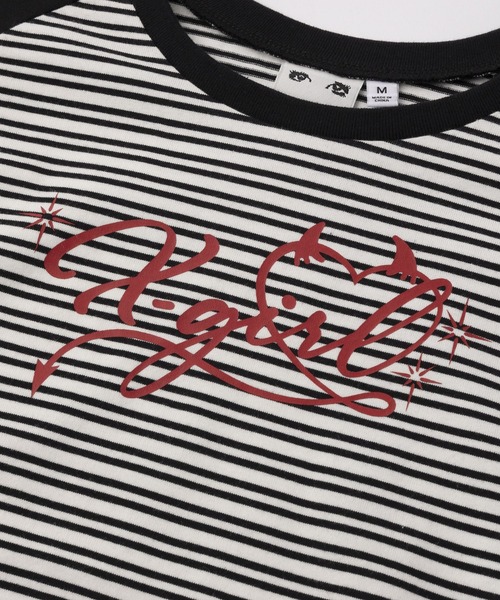 X-girl(エックスガール)の「STRIPED RAGLAN BABY TEE(Tシャツ/カットソー・レディース・ホワイト/ブラウン/ピンク・S/M)」の6枚目の写真