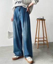 【高身長・大きいサイズ対応/4サイズ展開】ハイウエストダブルタックワイドデニムパンツ