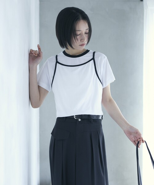 Firsthand(ファーストハンド)の「Firsthand/ファーストハンド オーガニックコットンリンガーデザインTシャツ / 2WAYレイヤードトップス(Tシャツ/カットソー・レディース・ホワイト/ブラウン/ブルー/ブラック・FREE)」の2枚目の写真