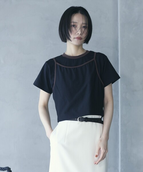 Firsthand(ファーストハンド)の「Firsthand/ファーストハンド オーガニックコットンリンガーデザインTシャツ / 2WAYレイヤードトップス(Tシャツ/カットソー・レディース・ホワイト/ブラウン/ブルー/ブラック・FREE)」の3枚目の写真