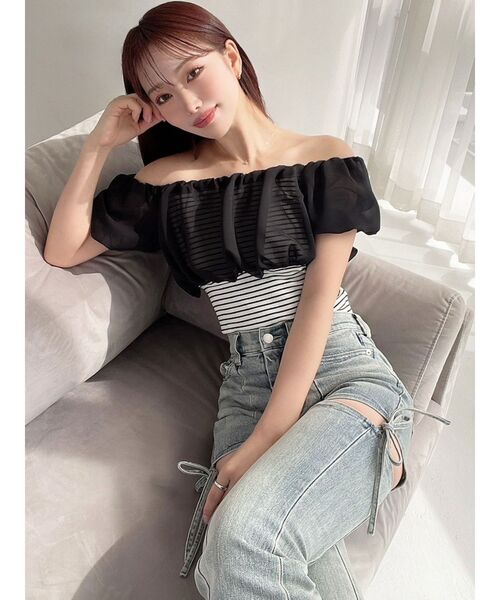 RESEXXY（リゼクシー）の「シアードッキングオフショルトップス（Tシャツ/カットソー・レディース・ホワイト/その他1/ブラック・FREE）」の5枚目の写真