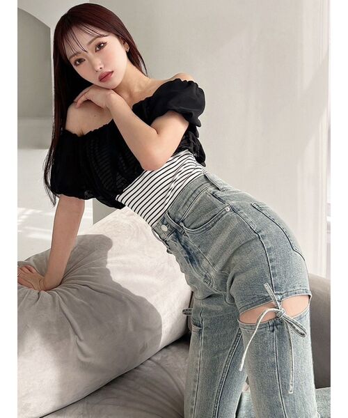 RESEXXY（リゼクシー）の「シアードッキングオフショルトップス（Tシャツ/カットソー・レディース・ホワイト/その他1/ブラック・FREE）」の6枚目の写真