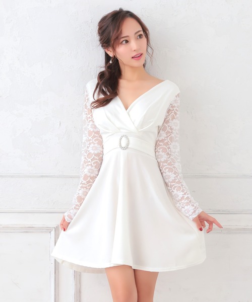 myMinette(マイミネット)の「キャバドレス ミニ フレア 長袖 レースビジューリングハイウエスト切替ドレス キャバワンピ(ドレス・レディース・ブラック/ホワイト・MEDIUM)」の2枚目の写真