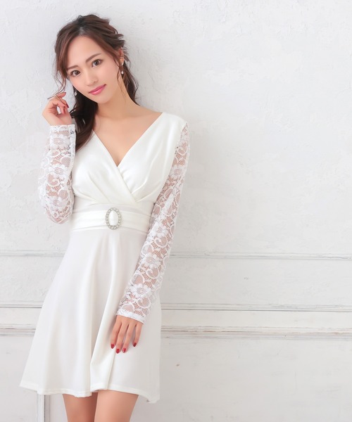 myMinette(マイミネット)の「キャバドレス ミニ フレア 長袖 レースビジューリングハイウエスト切替ドレス キャバワンピ(ドレス・レディース・ブラック/ホワイト・MEDIUM)」の13枚目の写真