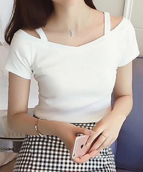 Lace Ladies（レースレディース）の「オフショル ストラップ付き 半袖 Vネック カットソー（Tシャツ/カットソー・レディース・ブラック/ホワイト・XL/M）」の2枚目の写真