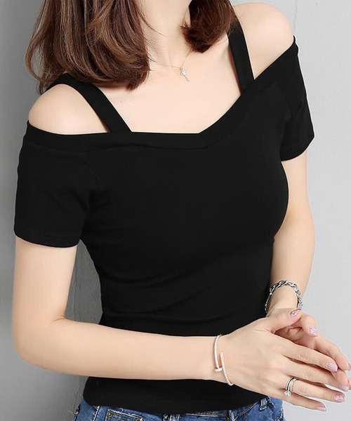 Lace Ladies（レースレディース）の「オフショル ストラップ付き 半袖 Vネック カットソー（Tシャツ/カットソー・レディース・ブラック/ホワイト・XL/M）」の9枚目の写真