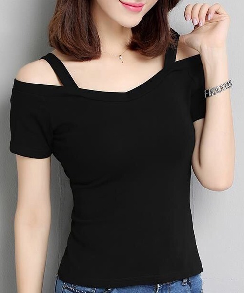 Lace Ladies（レースレディース）の「オフショル ストラップ付き 半袖 Vネック カットソー（Tシャツ/カットソー・レディース・ブラック/ホワイト・XL/M）」の3枚目の写真