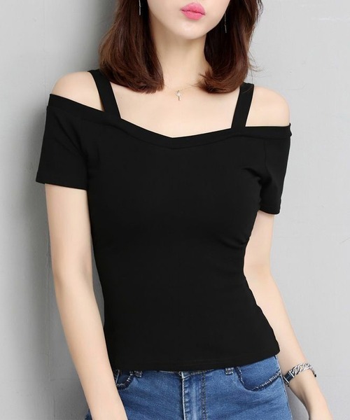 Lace Ladies（レースレディース）の「オフショル ストラップ付き 半袖 Vネック カットソー（Tシャツ/カットソー・レディース・ブラック/ホワイト・XL/M）」の4枚目の写真
