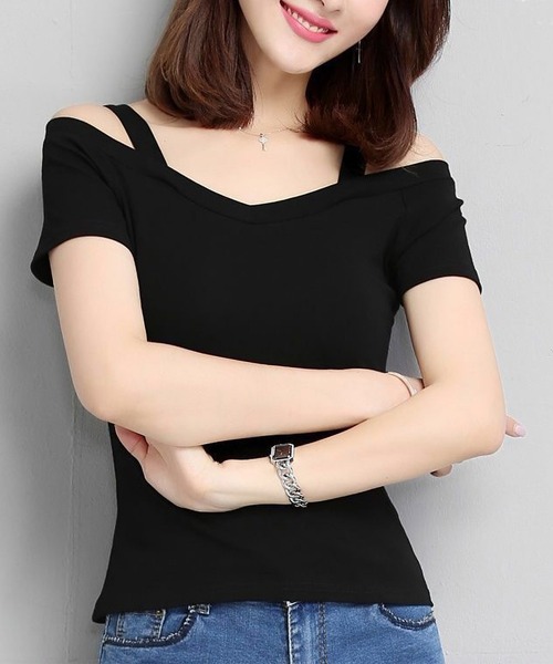 Lace Ladies（レースレディース）の「オフショル ストラップ付き 半袖 Vネック カットソー（Tシャツ/カットソー・レディース・ブラック/ホワイト・XL/M）」の5枚目の写真