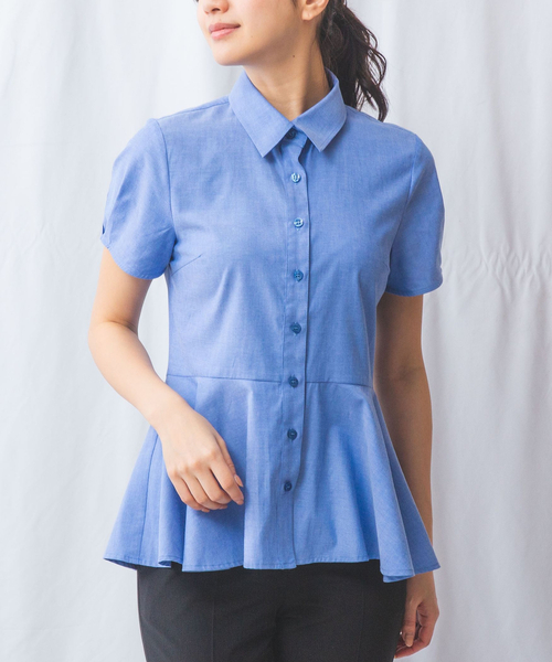 NARACAMICIE(ナラカミーチェ)の「【NARACAMICIE】オックスフォードペプラム半袖ブラウス(シャツ/ブラウス・レディース・ホワイト/レッド/ブルー・M/L/XL)」の3枚目の写真