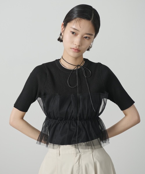 AIC.（エーアイシー）の「チュールデザインリブニットトップス（その他トップス・レディース・ホワイト/ブラック・FREE）」の2枚目の写真