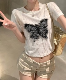 Y2Kバタフライモチーフコンパクトダメージ半袖Tシャツ
