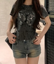 Y2Kバタフライモチーフコンパクトダメージ半袖Tシャツ